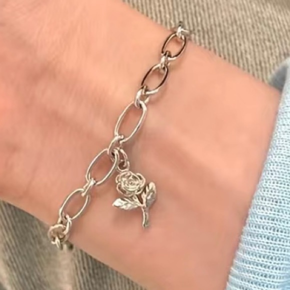 Alt Rose Bracelet Silver Chain Link Charm Flower - Picture 3 of 8